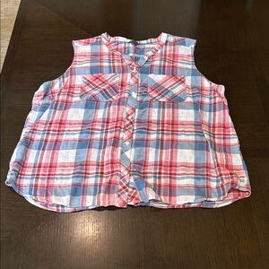 Eddie Bauer Red, Blue & White Sleeveless Plaid Button-Down Top